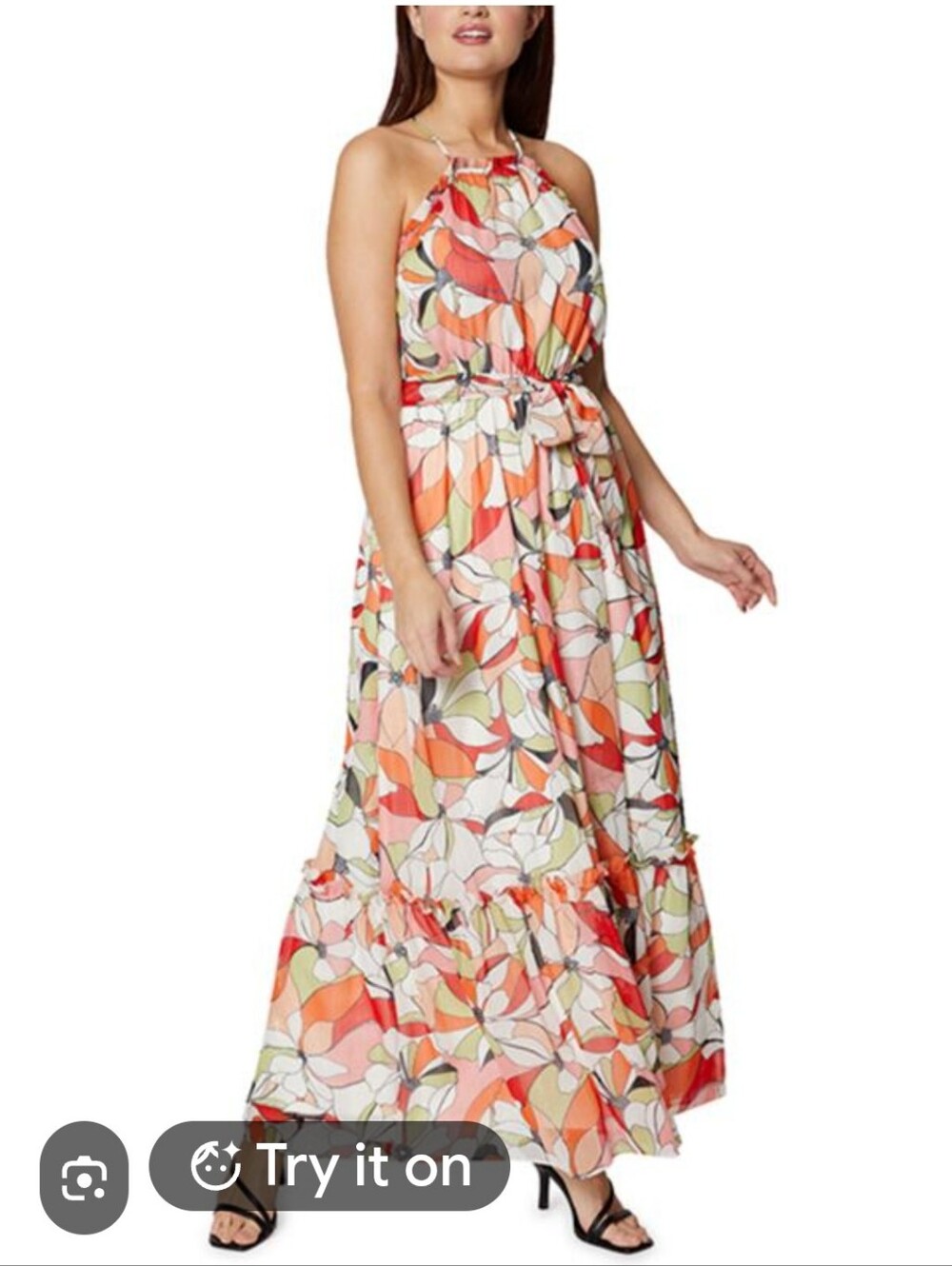 BCBG Halter Tiered Maxi Long Dress Size 10 Retro Resort Tropical Orange Floral